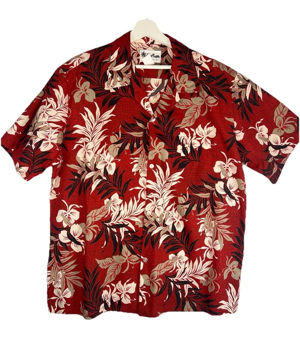 VTG HOWIE Hawaiian Tropical Aloha Shirt Mens L Red Black Tan Palm Hawaii Made